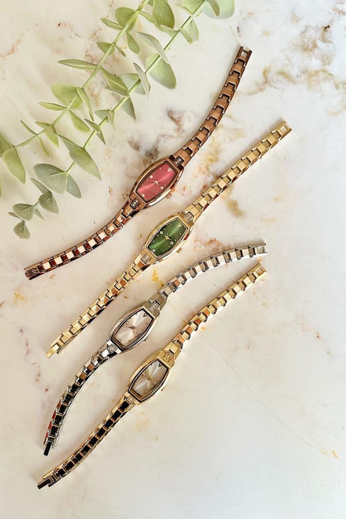 Aris Yeşil Kadran Minimal Taşlı Gold Kordon Kadın Kol Saati