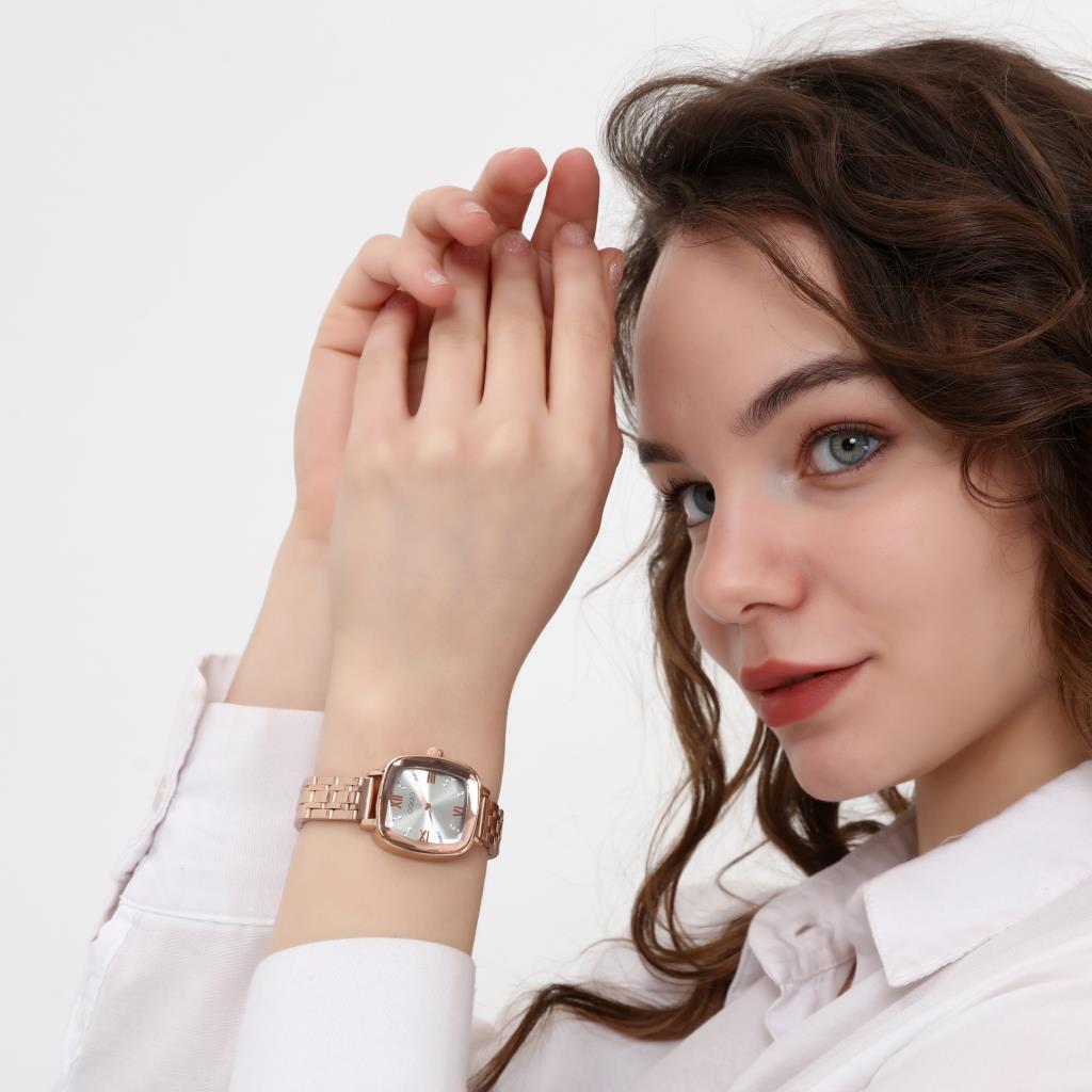 Elanor Silver Dial Roman Numeral Rose Strap Women's Wristwatch