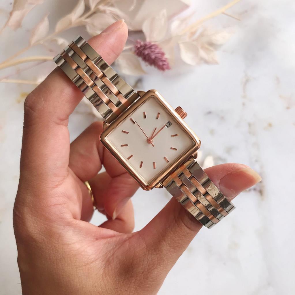 Fully Rose Case Rose Gold Silver Square Women's Wristwatch