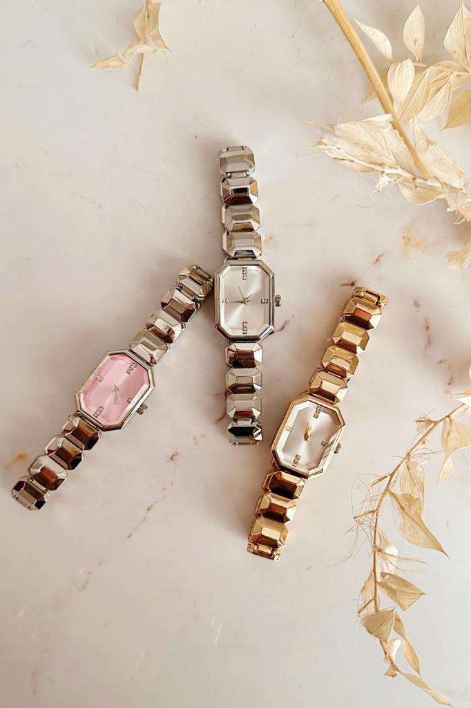 Helia Köşeli Kasa Taşlı Pembe Kadran Gri Kadın Kol Saati