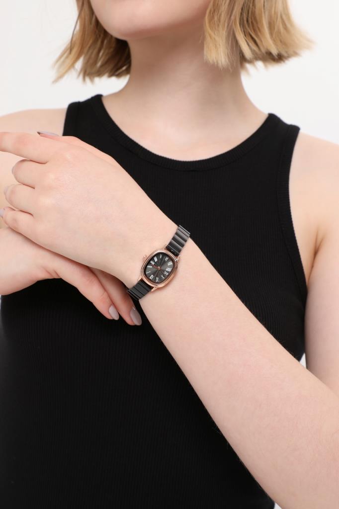 Lilith Roman Numeral Black Dial Rose Case Women's Wristwatch