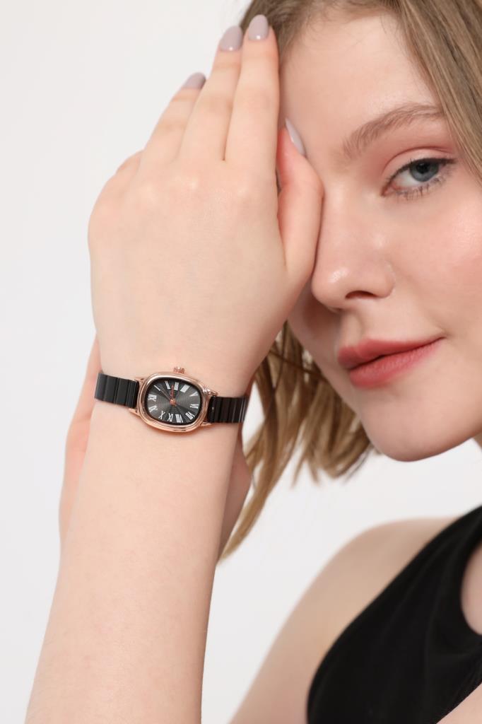 Lilith Roman Numeral Black Dial Rose Case Women's Wristwatch