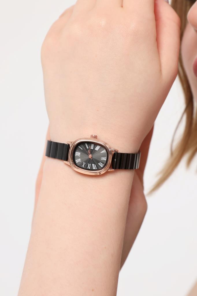 Lilith Roman Numeral Black Dial Rose Case Women's Wristwatch
