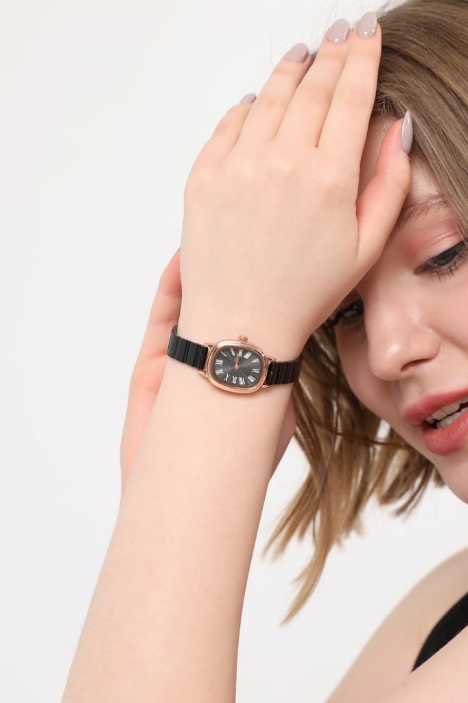 Lilith Roman Numeral Black Dial Rose Case Women's Wristwatch