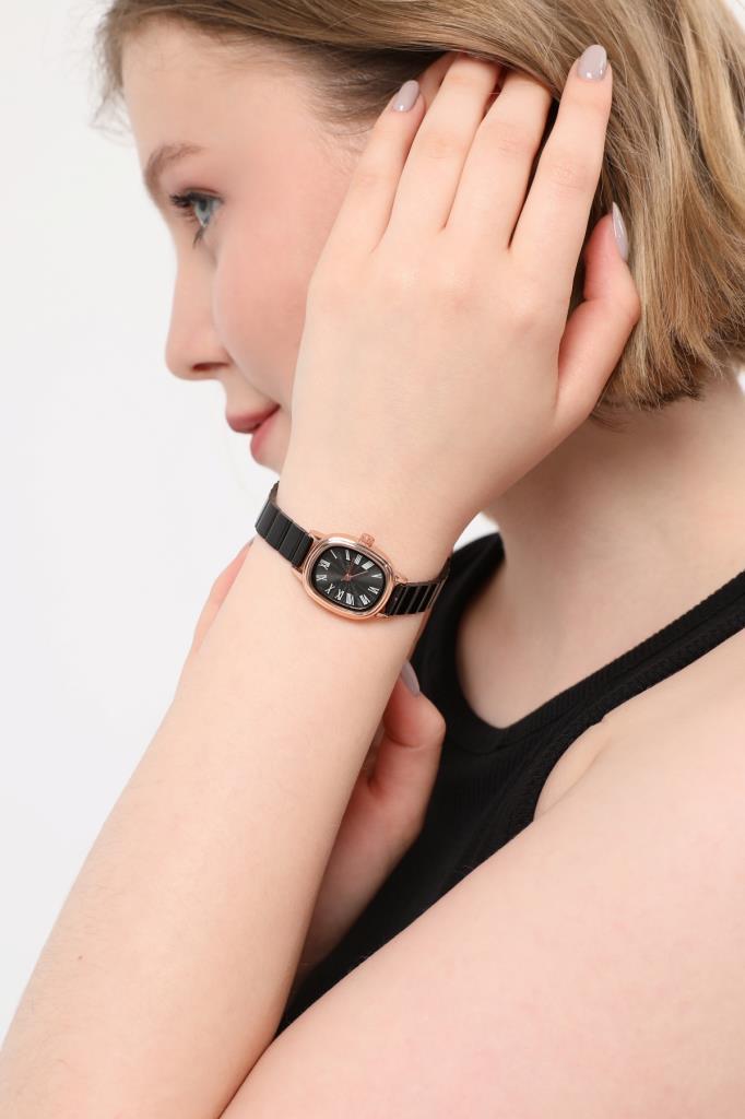 Lilith Roman Numeral Black Dial Rose Case Women's Wristwatch