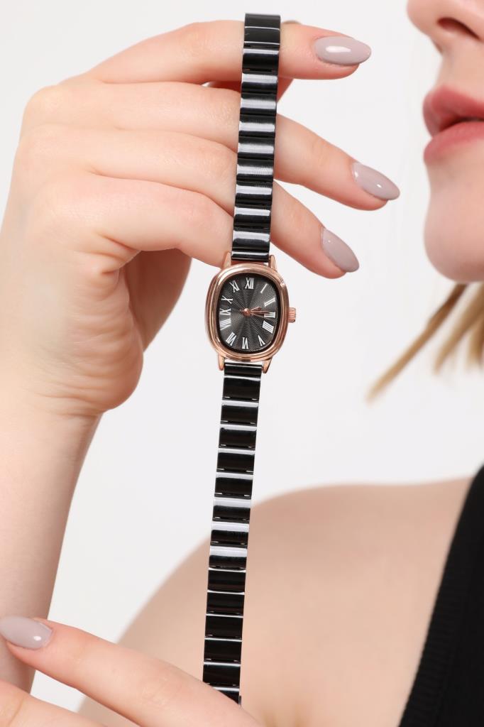 Lilith Roman Numeral Black Dial Rose Case Women's Wristwatch