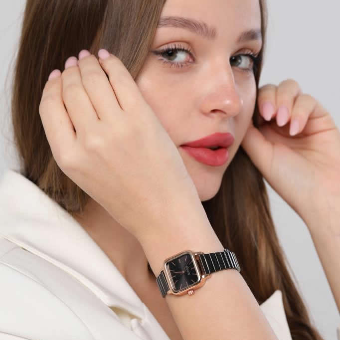 Minimal Square Black Dial Rose Gold Case Women's Wristwatch