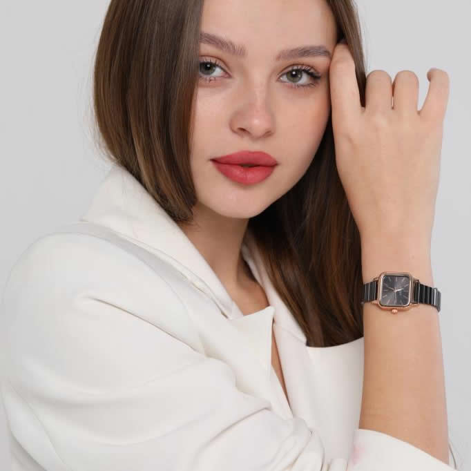 Minimal Square Black Dial Rose Gold Case Women's Wristwatch