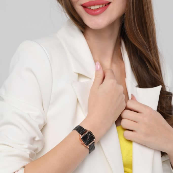 Minimal Square Black Dial Rose Gold Case Women's Wristwatch