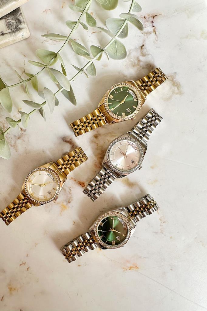 Myra Çift Tarih Göstergeli Yeşil Kadran Gold Gümüş Kordon Kadın Kol Saati