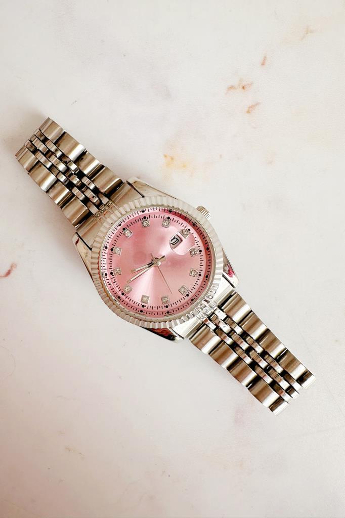 Oria Takvim Detaylı Pembe Kadran Gri Kordon Kadın Kol Saati