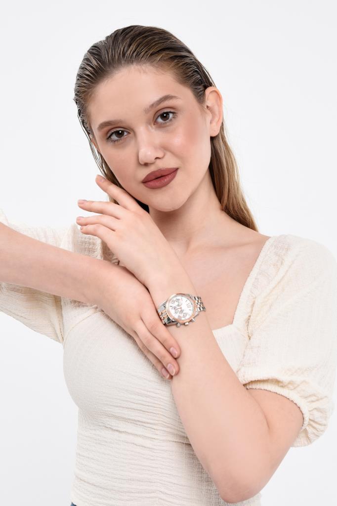 Rose Silver Women's Wristwatch with Roman Numeral Case Detail