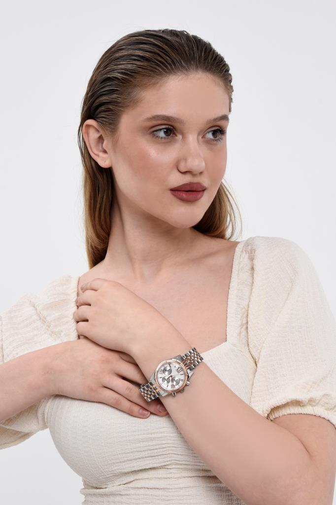 Rose Silver Women's Wristwatch with Roman Numeral Case Detail