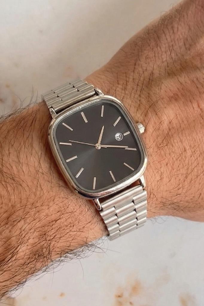 Rovena Dikdörtgen Kasa Siyah Kadran Gri Kordon Erkek Kol Saati