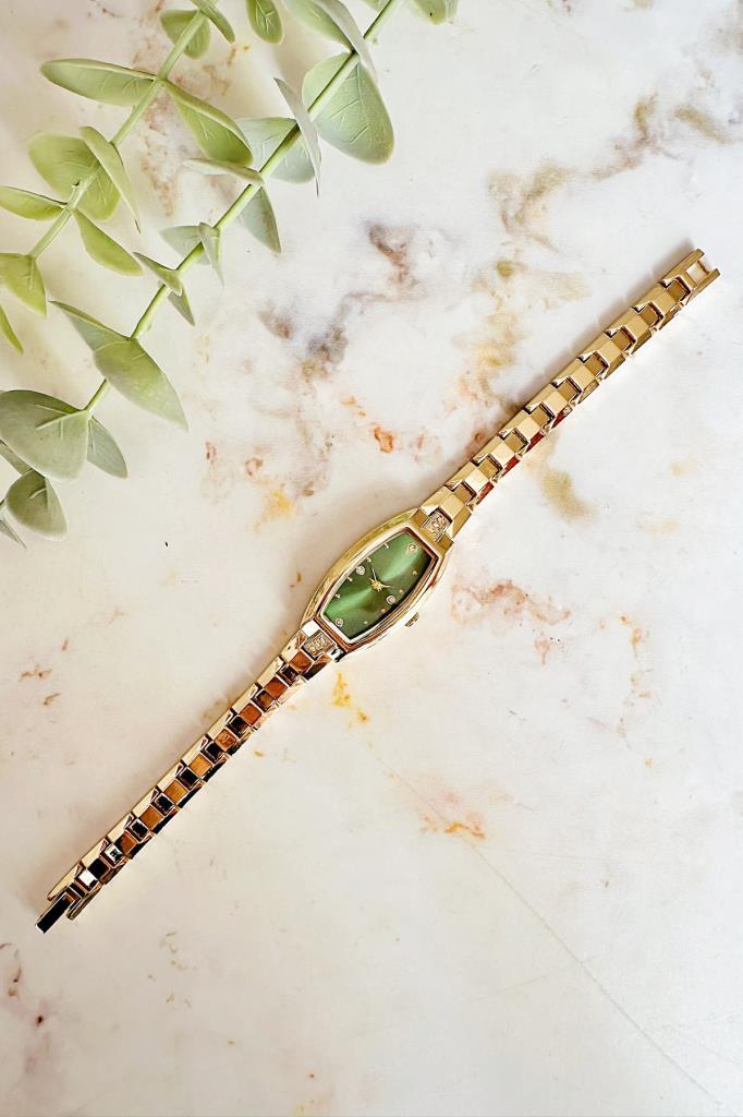 Aris Yeşil Kadran Minimal Taşlı  Gold Kordon Kadın Kol Saati