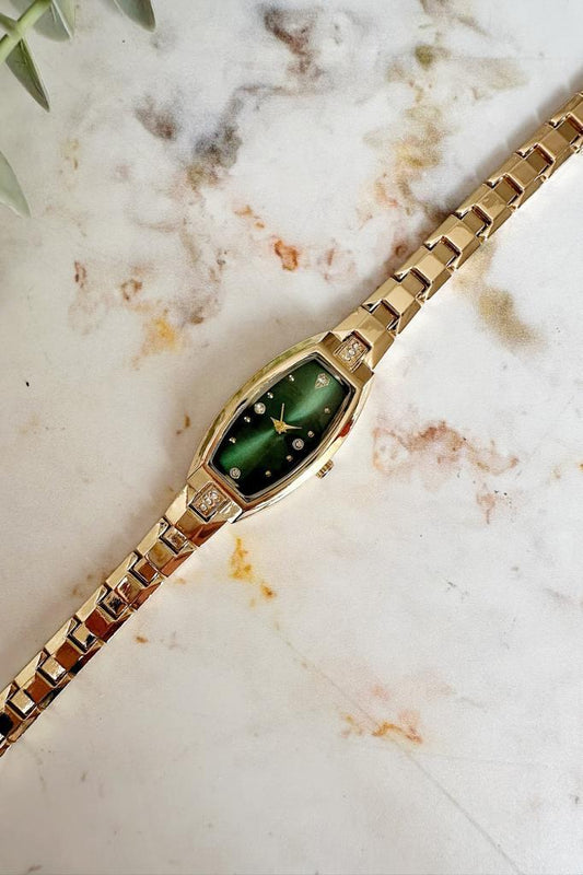 Aris Yeşil Kadran Minimal Taşlı  Gold Kordon Kadın Kol Saati