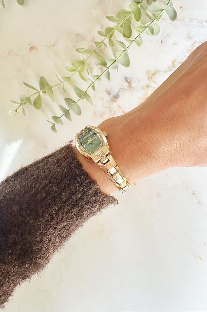 Aris Yeşil Kadran Minimal Taşlı  Gold Kordon Kadın Kol Saati