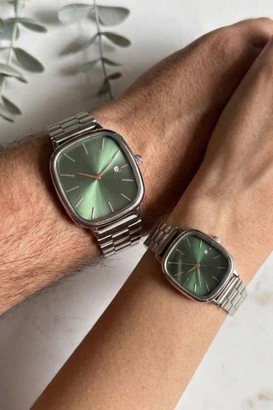 Helios Dikdörtgen Kasa Yeşil Kadran Gri Kordon Takvim Detaylı Çift Saati