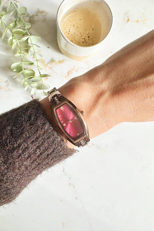 Aris Bronz Kahve Kordon Minimal Taşlı  Bordo Kadran Kadın Kol Saati