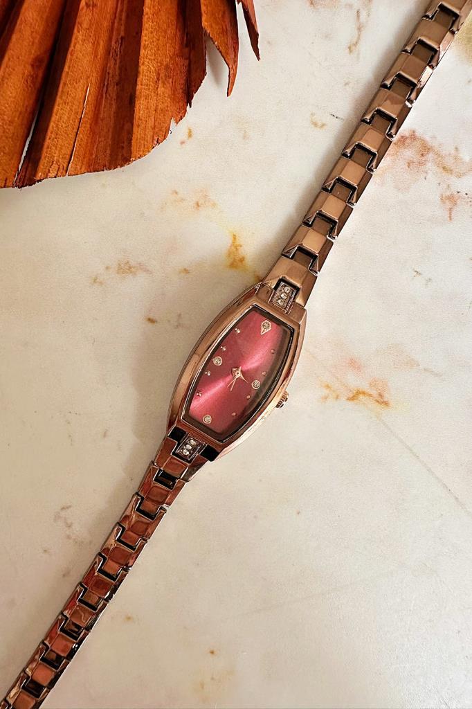 Aris Bronz Kahve Kordon Minimal Taşlı  Bordo Kadran Kadın Kol Saati