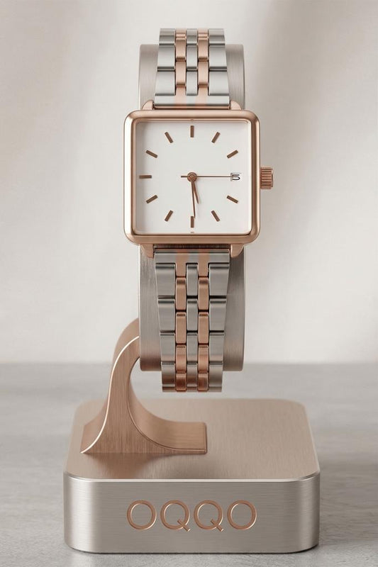Fully Rose Case Rose Gold Silver Square Women's Wristwatch