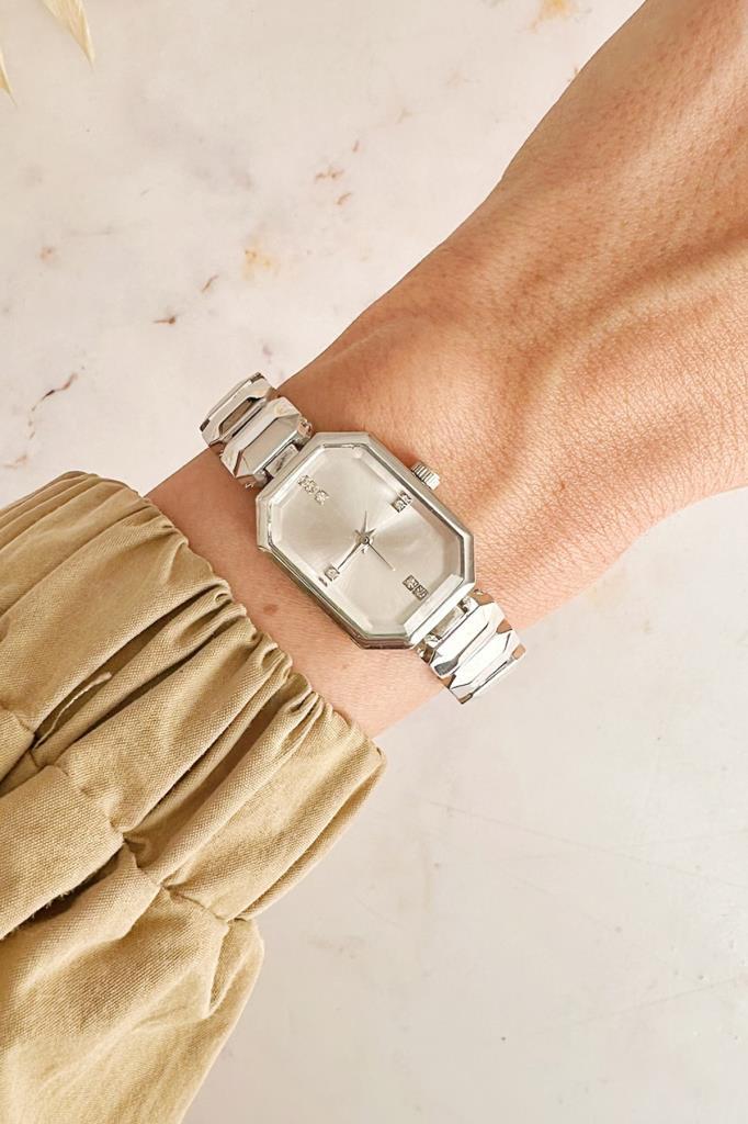 Helia Köşeli Kasa Taşlı Kadran Gri Kadın Kol Saati