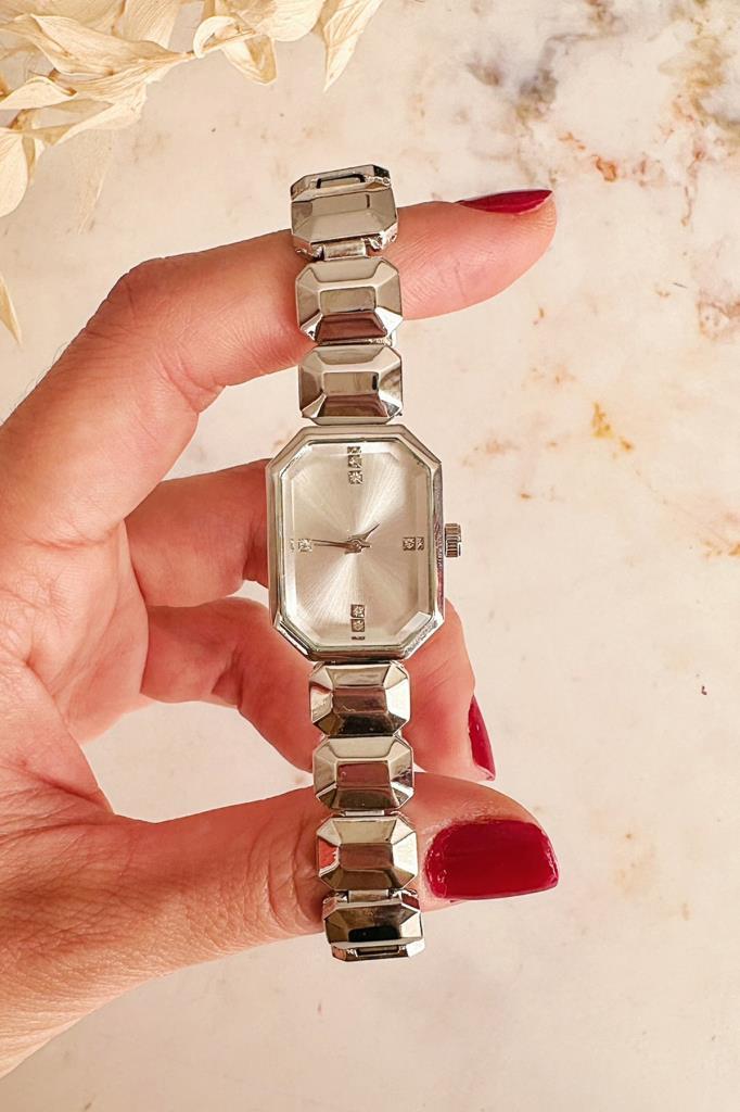 Helia Köşeli Kasa Taşlı Kadran Gri Kadın Kol Saati