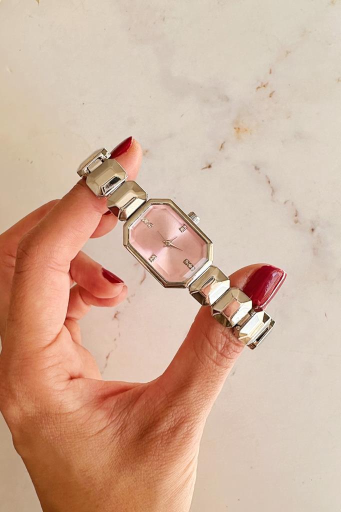 Helia Köşeli Kasa Taşlı Pembe Kadran Gri Kadın Kol Saati