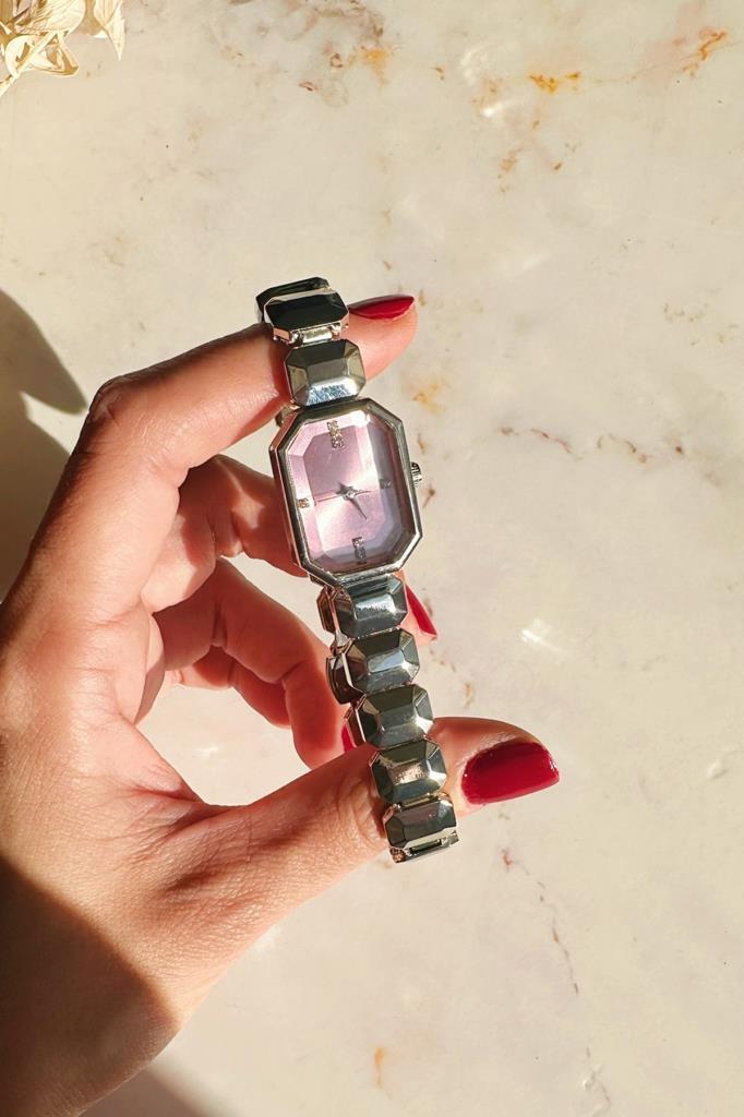 Helia Köşeli Kasa Taşlı Pembe Kadran Gri Kadın Kol Saati