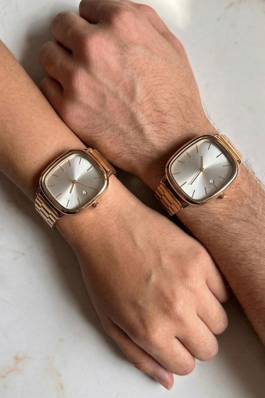 Helios Dikdörtgen Kasa Gri Kadran Gold Kordon Takvim Detaylı Çift Saati