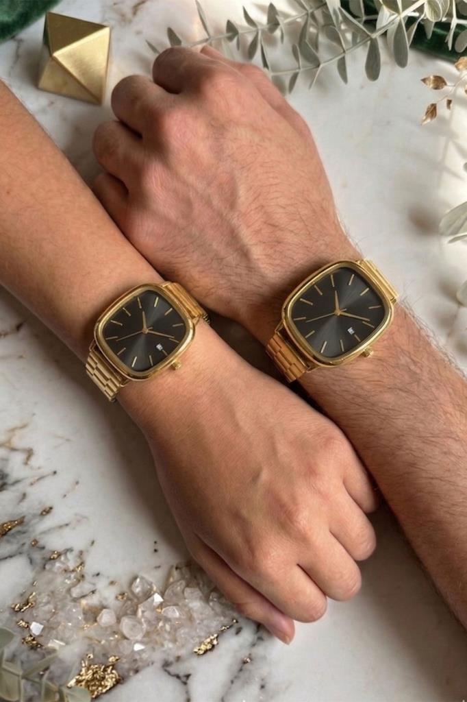 Helios Dikdörtgen Kasa Siyah Kadran Gold Kordon Takvim Detaylı Çift Saati