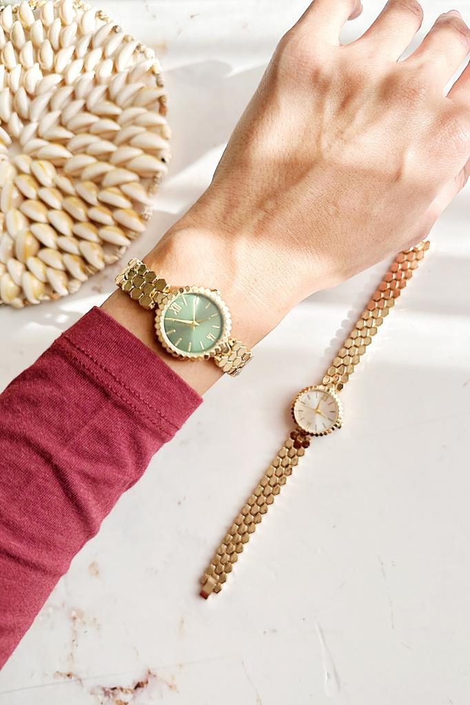 Hera Gold Petek Kordon Yeşil Kadran Kadın Kol Saati