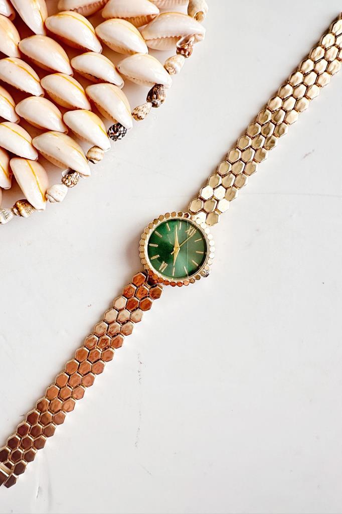 Hera Gold Petek Kordon Yeşil Kadran Kadın Kol Saati