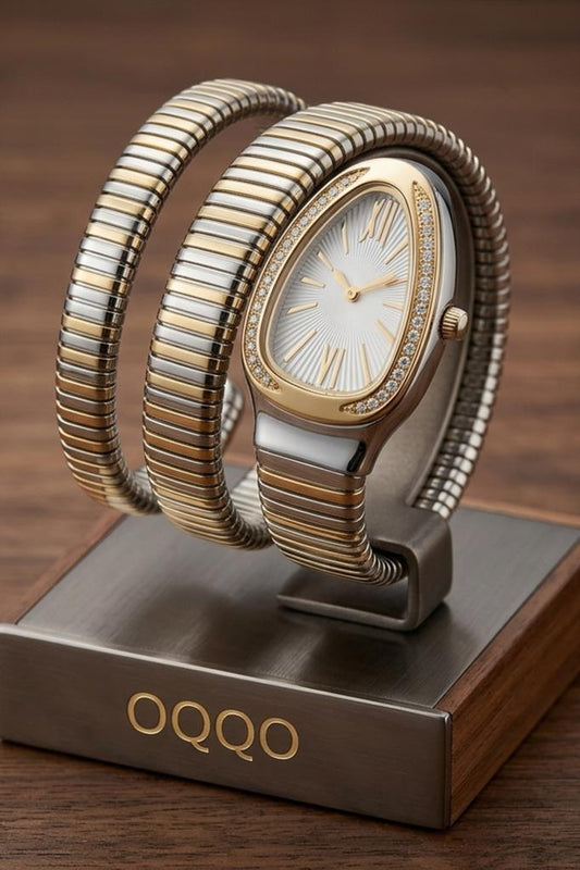Kora Taşlı Gri Kadran Gold-Gümüş Kordon Yılan Model Kadın Kol Saati