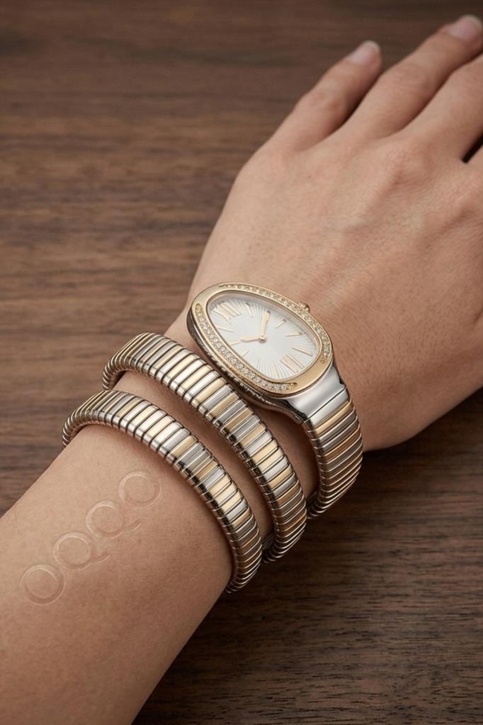 Kora Taşlı Gri Kadran Gold-Gümüş Kordon Yılan Model Kadın Kol Saati