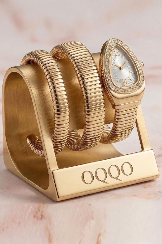 Kora Taşlı Gri Kadran Gold Kordon Yılan Model Kadın Kol Saati