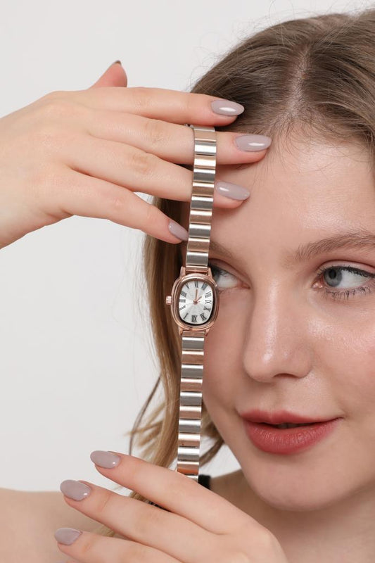 Lilith Roman Numeral Silver Dial Rose-Silver Strap Women's Wristwatch