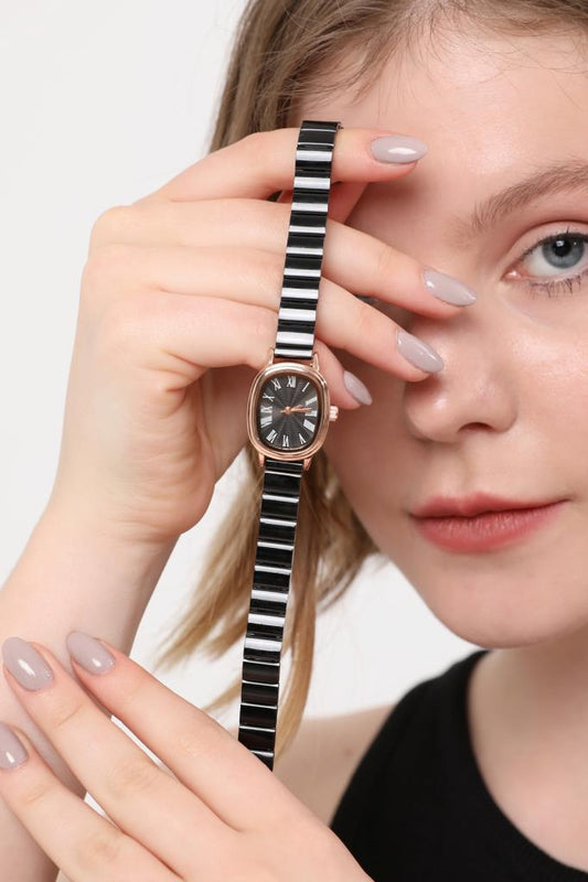 Lilith Roman Numeral Black Dial Rose Case Women's Wristwatch