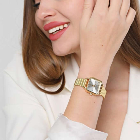 Minimal Square Gold Case Silver Dial Women's Wristwatch