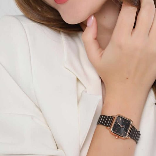 Minimal Square Black Dial Rose Gold Case Women's Wristwatch
