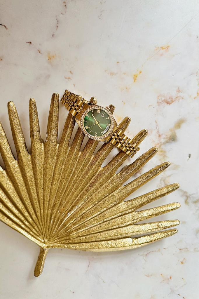 Myra Çift Tarih Göstergeli Yeşil Kadran Gold Kordon Kadın Kol Saati