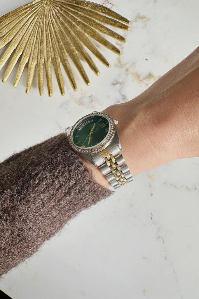 Myra Çift Tarih Göstergeli Yeşil Kadran Gold Gümüş Kordon  Kadın Kol Saati