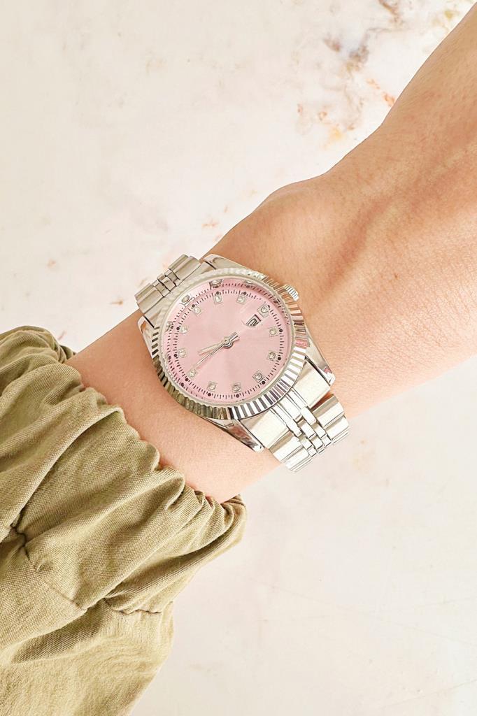 Oria Takvim Detaylı Pembe Kadran Gri Kordon Kadın Kol Saati