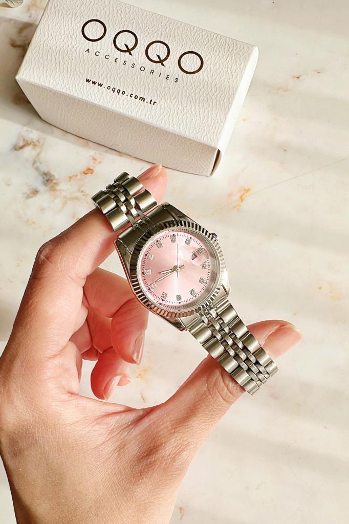 Oria Takvim Detaylı Pembe Kadran Gri Kordon Kadın Kol Saati