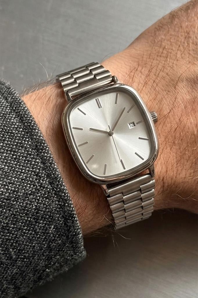 Rovena Dikdörtgen Kasa Gri Kadran Gri Kordon Erkek Kol Saati