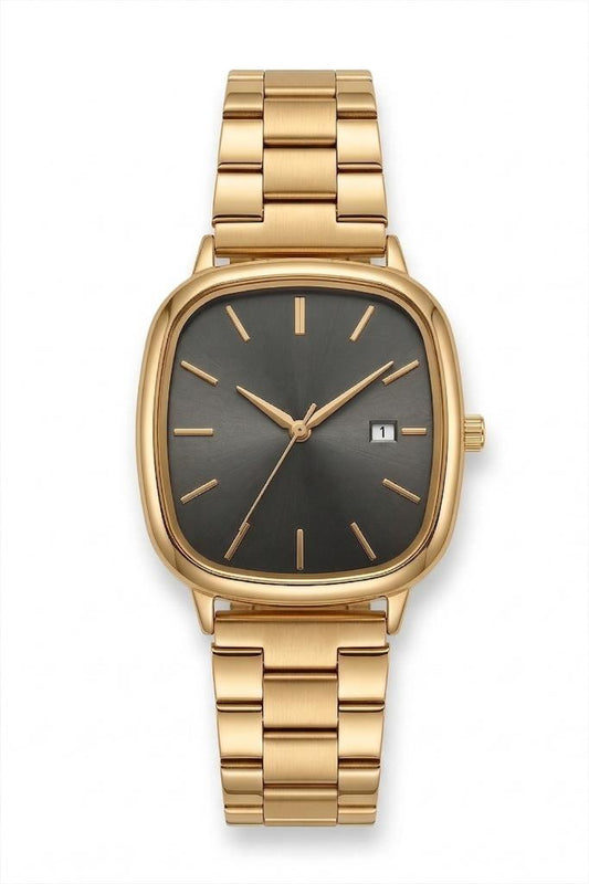 Rovena Dikdörtgen Kasa Siyah Kadran Gold Kordon Erkek Kol Saati