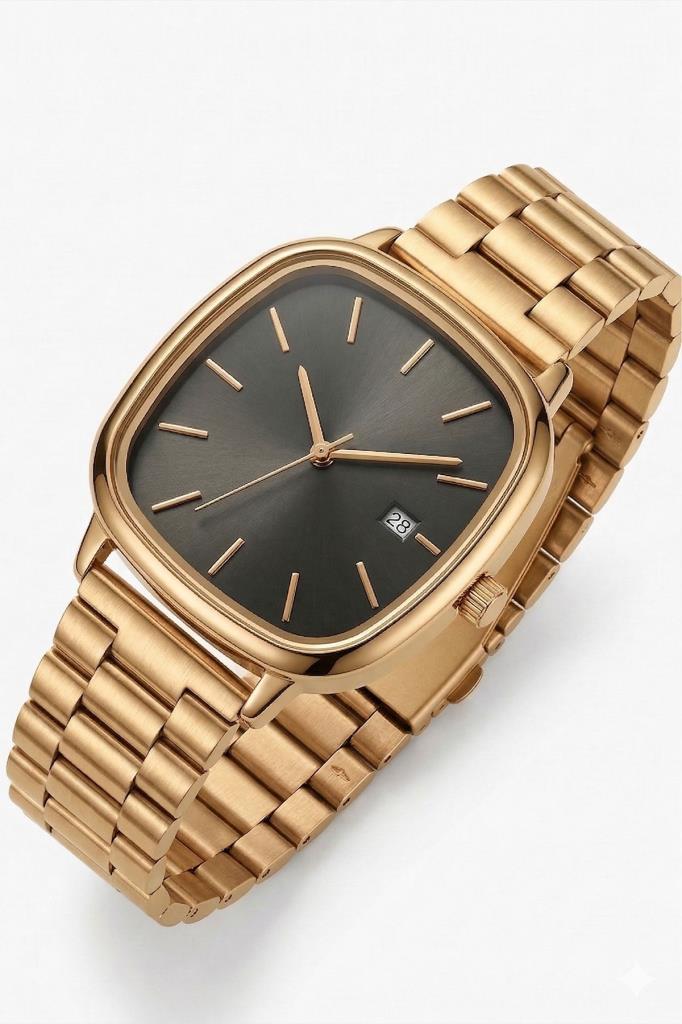 Rovena Dikdörtgen Kasa Siyah Kadran Gold Kordon Erkek Kol Saati