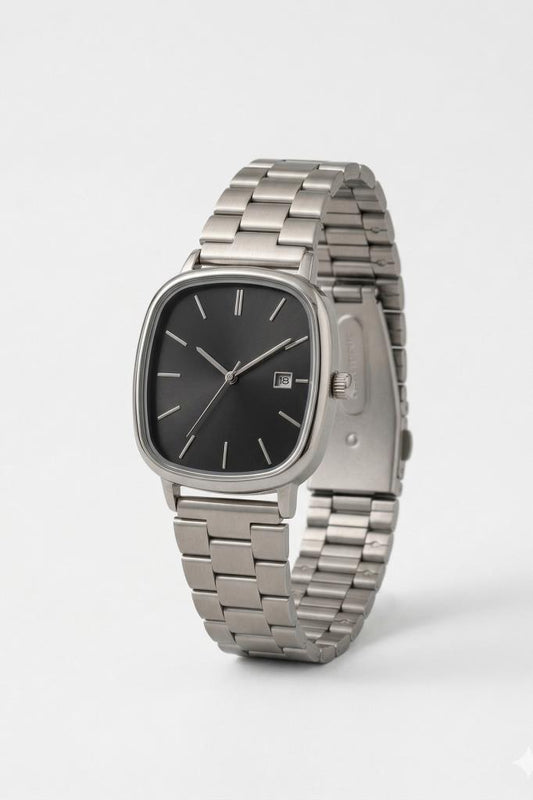 Rovena Dikdörtgen Kasa Siyah Kadran Gri Kordon Erkek Kol Saati