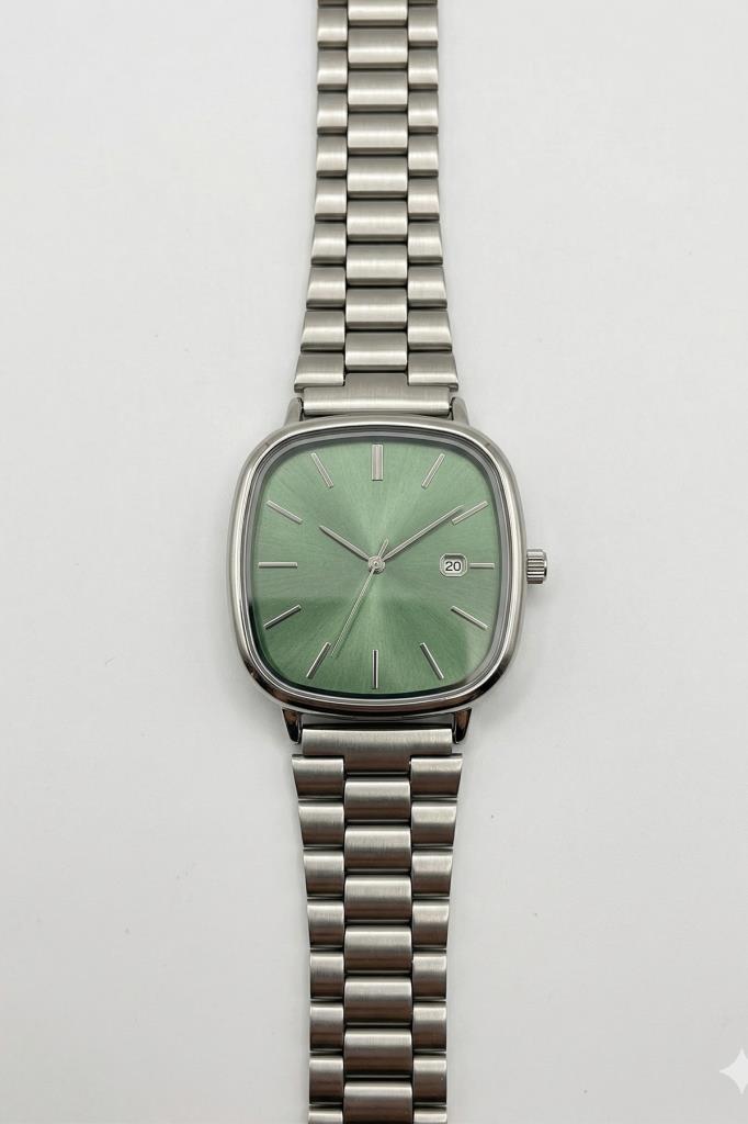 Rovena Dikdörtgen Kasa Yeşil Kadran Gri Kordon Erkek Kol Saati