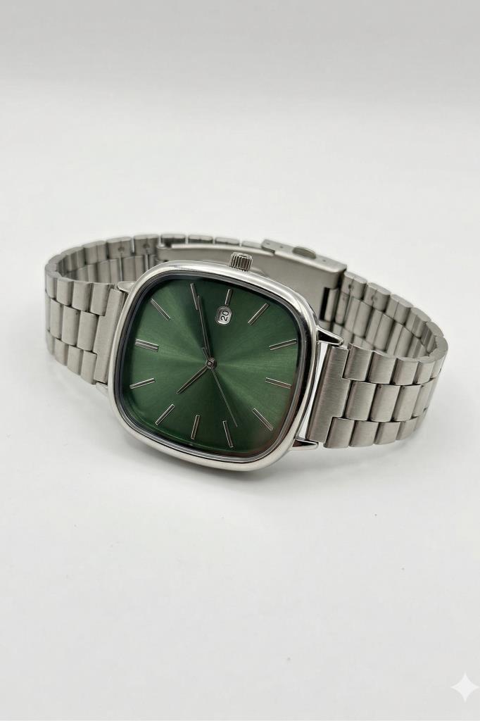 Rovena Dikdörtgen Kasa Yeşil Kadran Gri Kordon Erkek Kol Saati